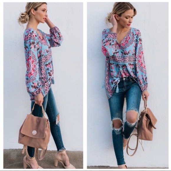 Fun Boho Peasant Blouse in Blue - Picture 3 of 6